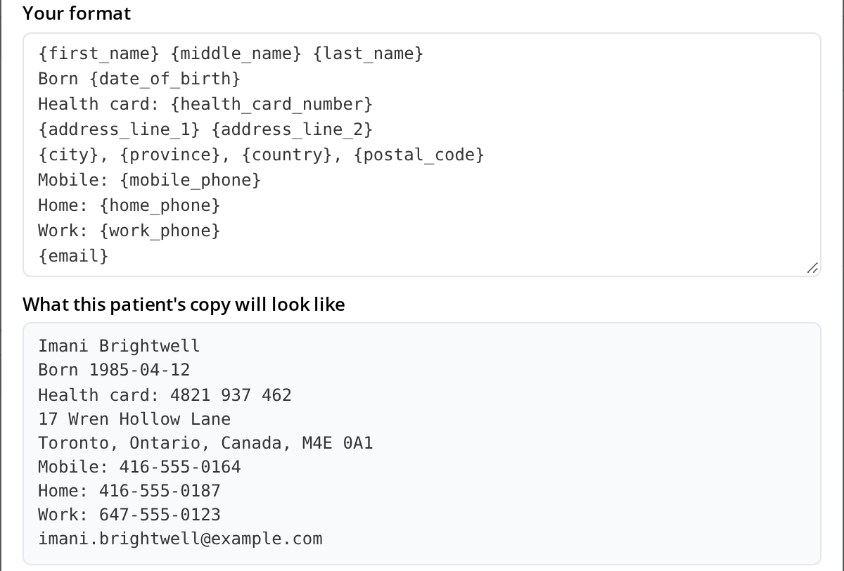 The lower half of the Copy Settings window. The format box now has two extra lines under the name: Born followed by the date of birth field, and Health card: followed by the health card number field. The preview below shows the same two lines filled in with the patient's date of birth and health card number.