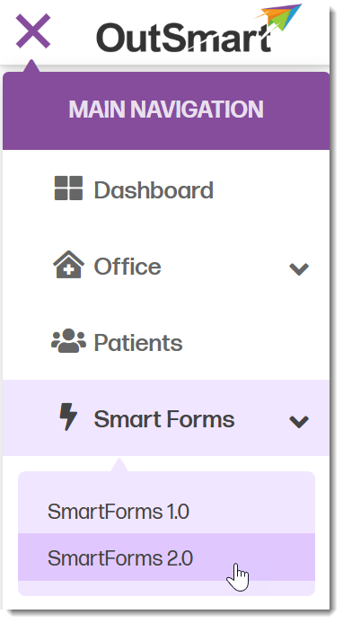 The main navigation menu with SmartForms 2.0 highlighted