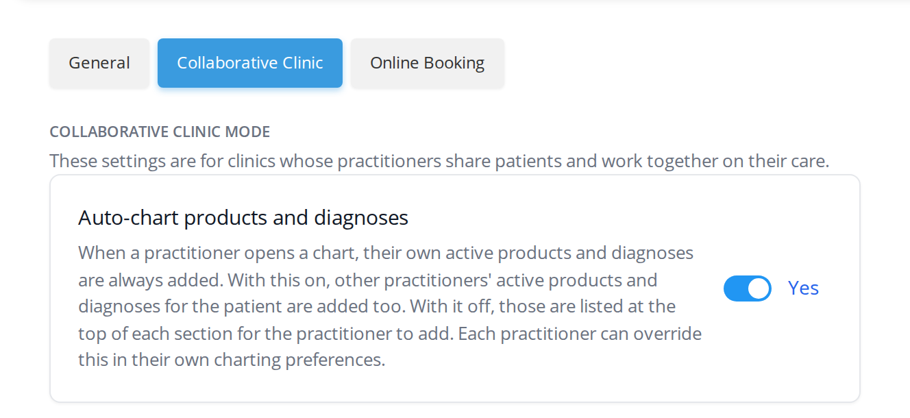 In Office Details, under Preferences, the row of tabs reading General, Collaborative Clinic and Online Booking with Collaborative Clinic selected. Below it the heading Collaborative Clinic Mode and the Auto-chart products and diagnoses setting, with a Yes toggle switched on.
