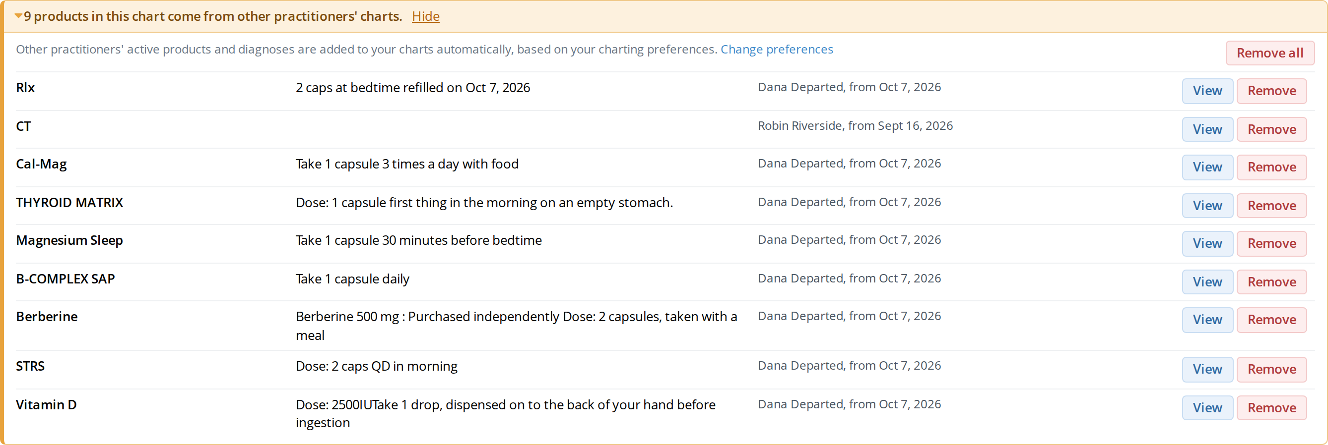 In Smart Charts, at the top of the Products section, the box listing products that came from other practitioners. Shows nine products with their dosages, the practitioner who recommended each one and the date, a View and a Remove button on each row, a Remove all button, and a Change preferences link.