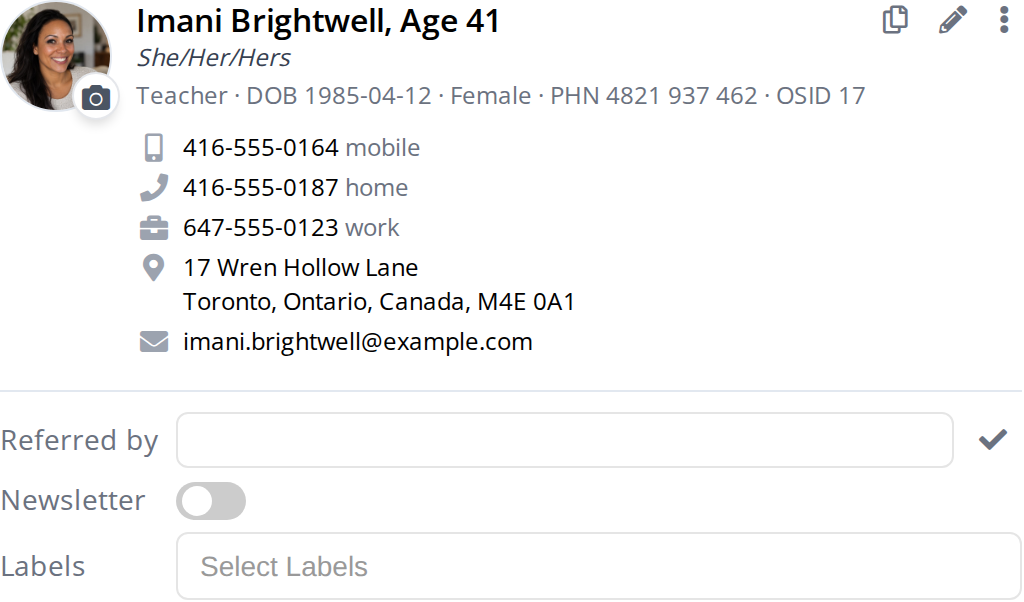 The patient card at the top left of the patient workspace. The patient's photo, name and age are at the top, then pronouns, then a line of identity details, then the mobile, home and work phone numbers, the address and the email address. Three small buttons sit in the top right corner of the card: a copy button, a pencil for editing details, and three dots for more actions.