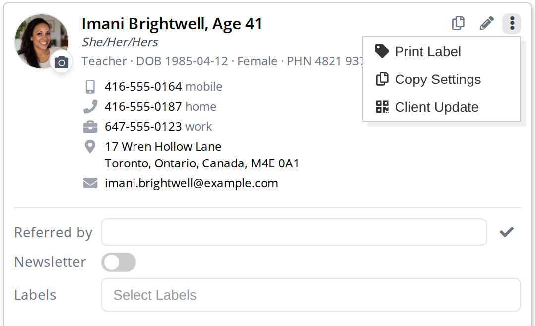 The patient card with the More actions menu open. The menu is dropped down below the three dots button in the top right corner and lists three items: Print Label, Copy Settings and Client Update.