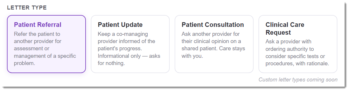 In the Patient Correspondence builder, the Letter type section shows four cards: Patient Referral (selected, purple border), Patient Update, Patient Consultation, and Clinical Care Request. Each card has a one-line description of when to use that type. A note in the lower right reads Custom letter types coming soon.