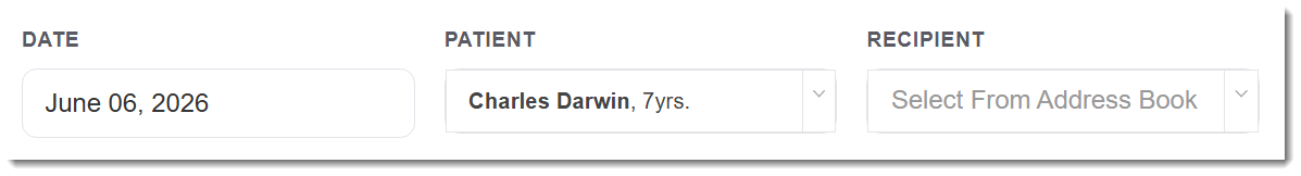 The setup row in the Patient Correspondence builder shows three fields side by side: Date (filled with the current date), Patient (filled with the patient name and age), and Recipient (empty, showing the placeholder Select From Address Book).