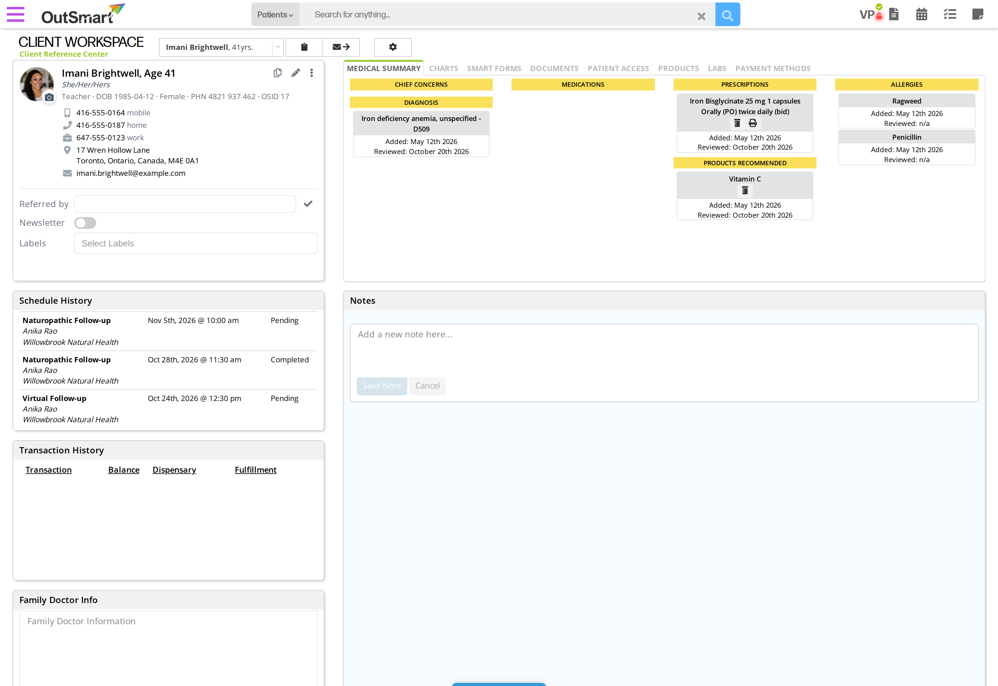 The patient workspace. Across the top are the page title Client Workspace, a dropdown naming the patient, and three buttons. Down the left are the patient card with photo, name and contact details, then Schedule History listing three appointments, then Transaction History, then Family Doctor Info. On the right is a panel of tabs reading Medical Summary, Charts, Smart Forms, Documents, Patient Access, Products, Labs and Payment Methods, with the Medical Summary open underneath, and below that a Notes panel with an empty box reading Add a new note here.