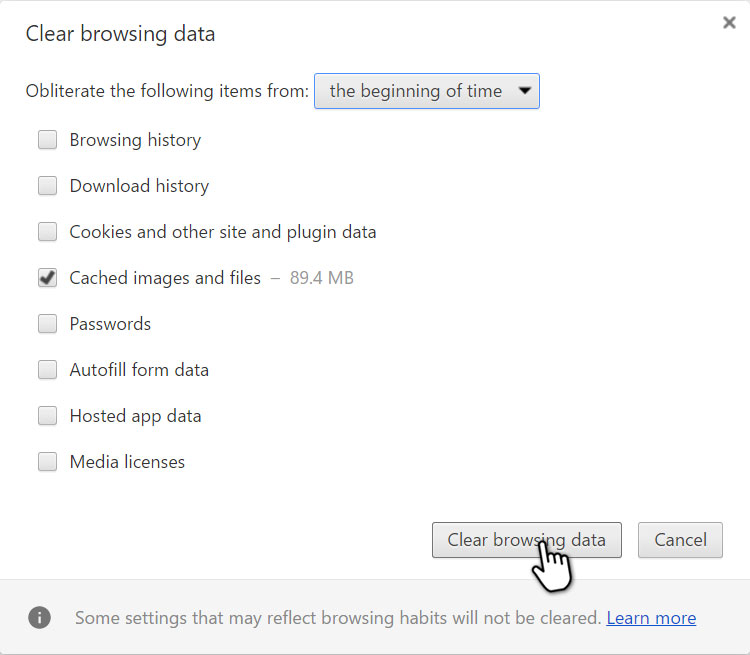 These are the options for clearing your browser cache.