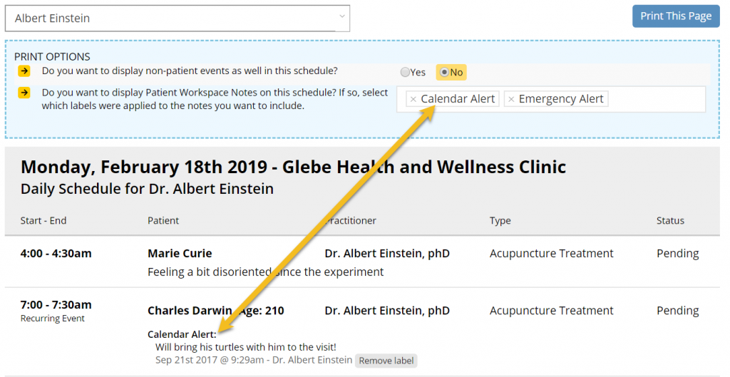 Selecting a Calendar Alert label will cause all notes labelled as "calendar alert" to show up next to their respective patients.