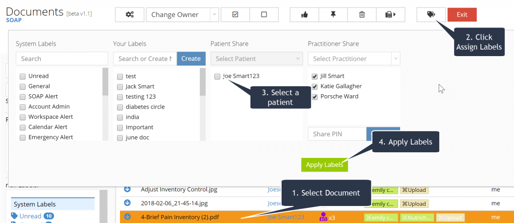 Steps to share a document with a patient.
