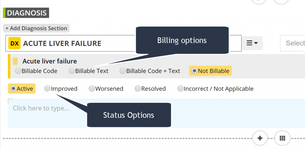 Billing and Status options for Diagnoses.