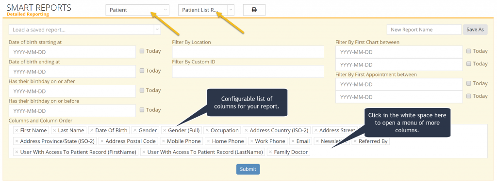 Patient List Report filters and columns.