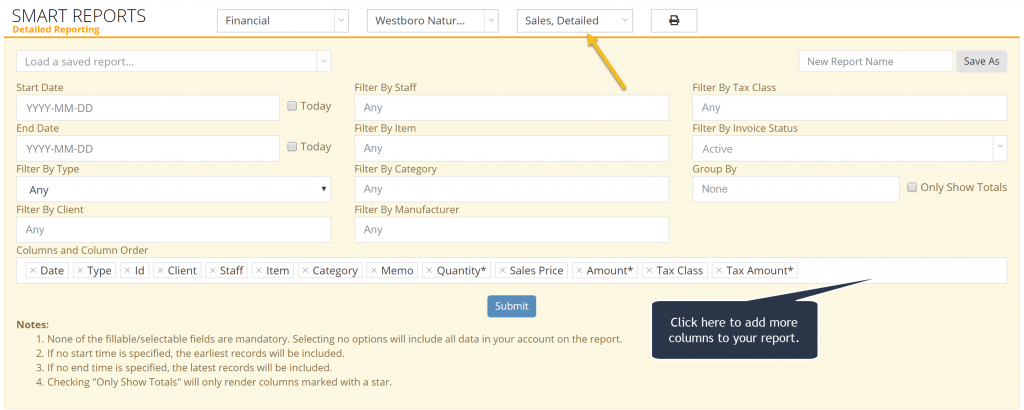 Dertailed Sales Report filtering options.