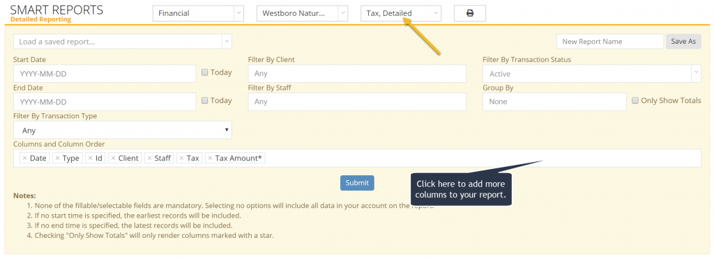 Detailed Tax report filtering options.
