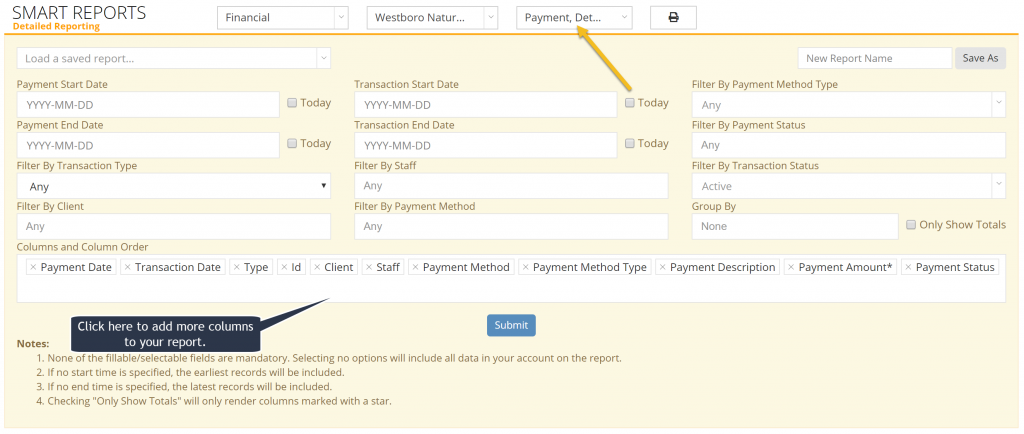 Detailed Payment report filtering options.