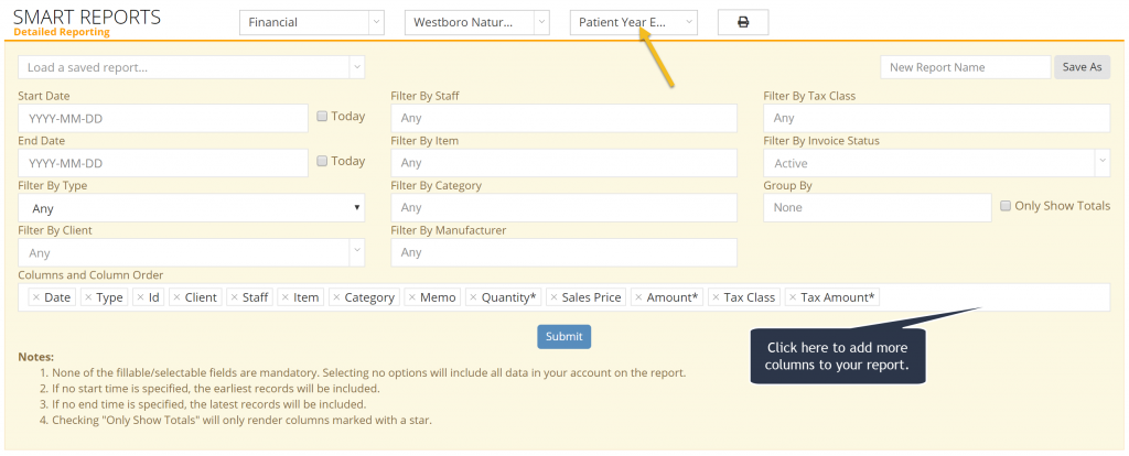 Patient Year End report filtering options are the same as those for Details Sales reports.
